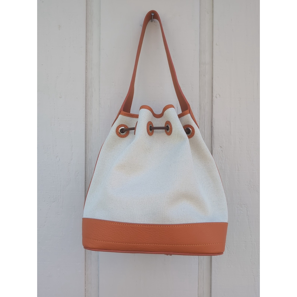 Oncour French Leather Drawstring Bucket Bag Beige Orange - Picture 3 of 16